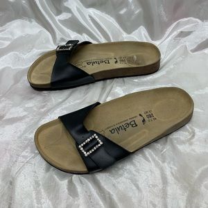 Betula Black Single Strap Gem Buckle Sandals